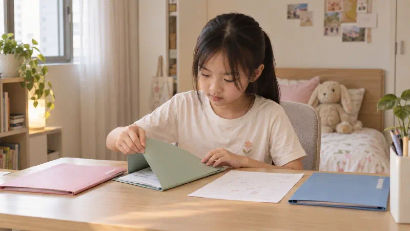 Girl choosing between three separately placed subject folders.