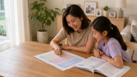 Mother and daughter reviewing a three-part study planner.