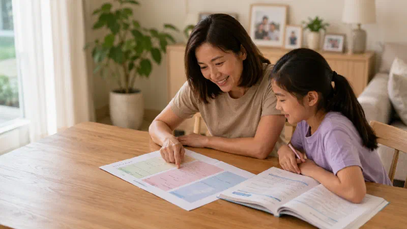 Mother and daughter reviewing a three-part study planner.