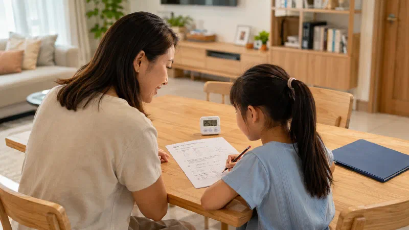 Mother and daughter reviewing a practice paper beside a timer.