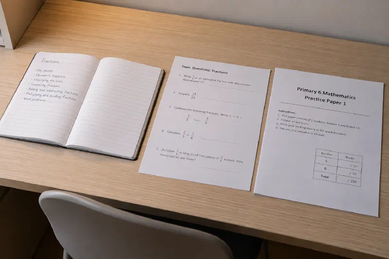 Notes, practice questions and a full paper on a study desk.