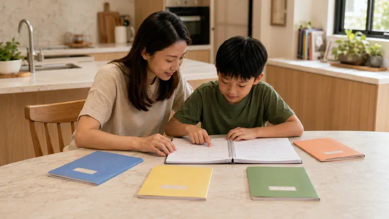 Mother and son arranging folders around a weekly planner.