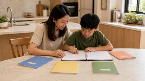 Mother and son arranging folders around a weekly planner.