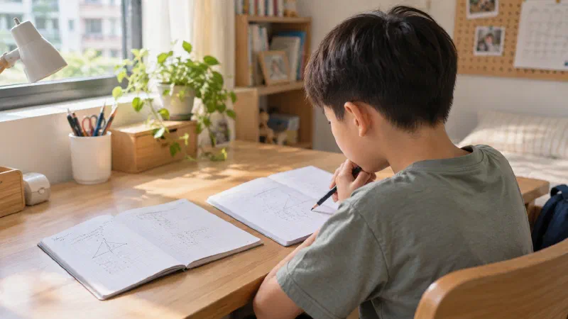 Boy comparing a worked example with a new question.