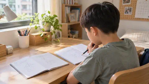 Boy comparing a worked example with a new question.