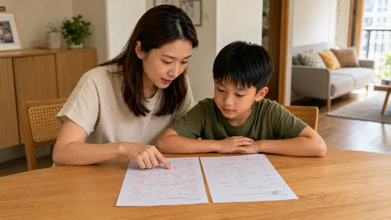 Mother and son reviewing a corrected worksheet.